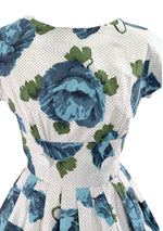 1950's Blue & White Huge Roses Print Cotton Dress - New!