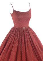 Late 1950s Garnet Coloured Dotted Swiss Fabric Dress- NEW!