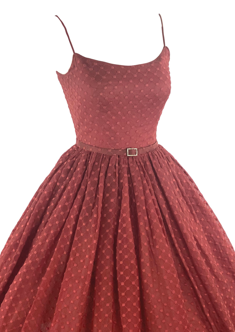Late 1950s Garnet Coloured Dotted Swiss Fabric Dress- NEW!