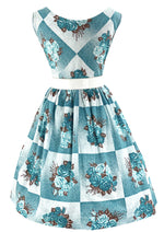Late 1950s to Early 1960s Turquoise Roses Cotton Dress- NEW!