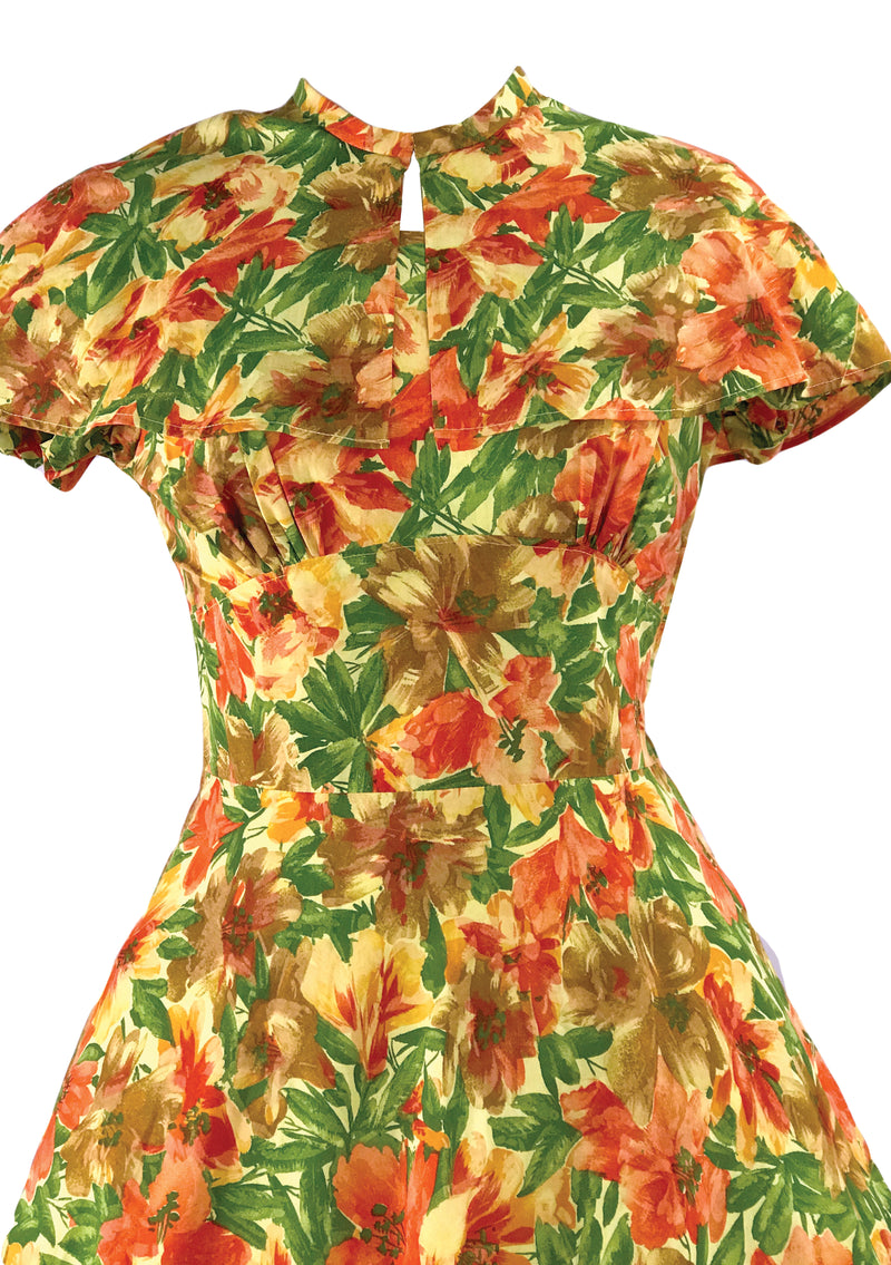 Pretty 1950s Orange Hibiscus Floral Cotton Dress - New!