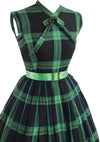 Vintage 1950s Black & Green Plaid Cotton Dress- New!