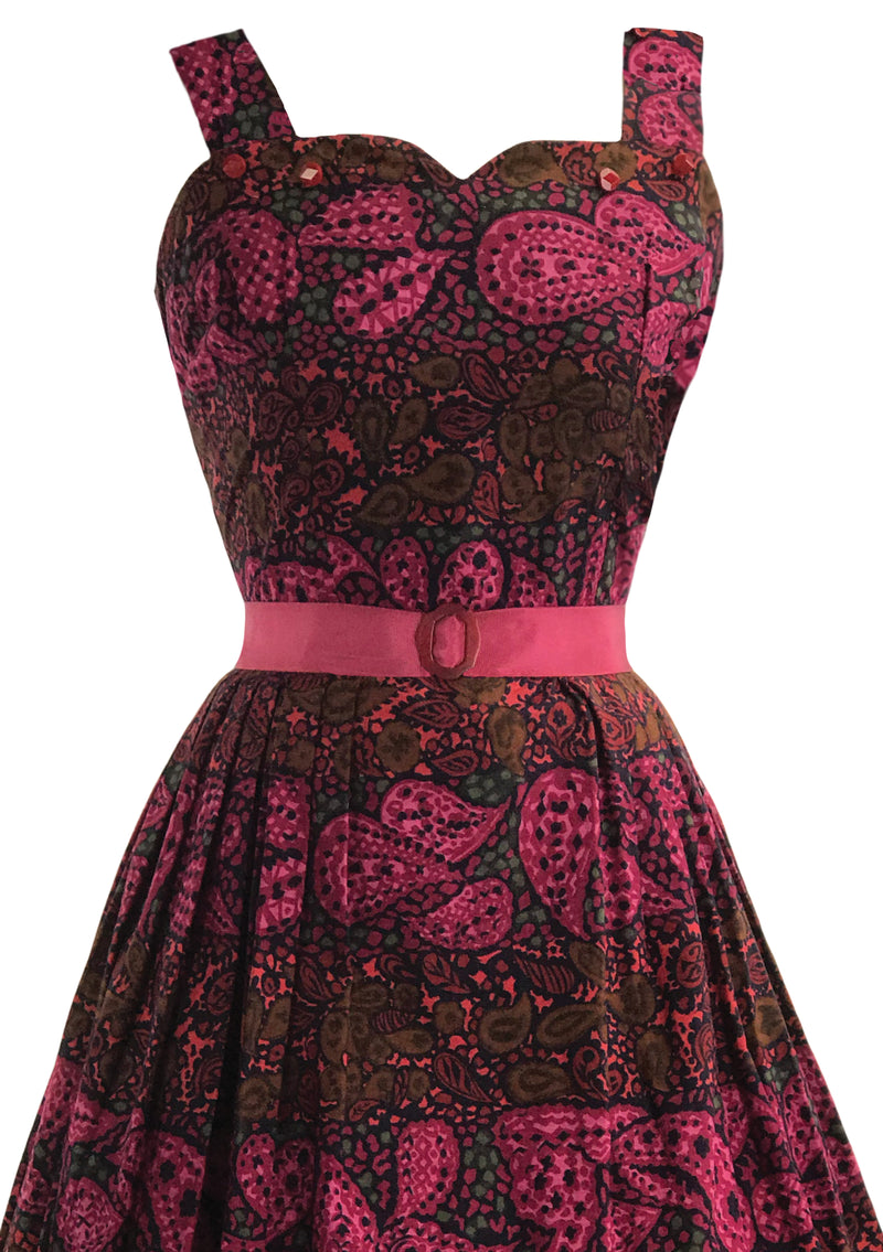 Vintage 1950s Magenta Paisley Print Cotton Dress- New!