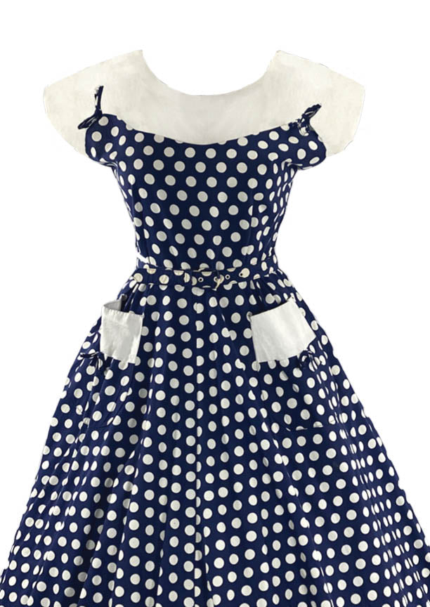 Striking 1950s Blue and White Polka Dot Cotton Dress- New!
