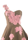 1950s Chocolate Linen and Pink Velvet Applique Dress- New!