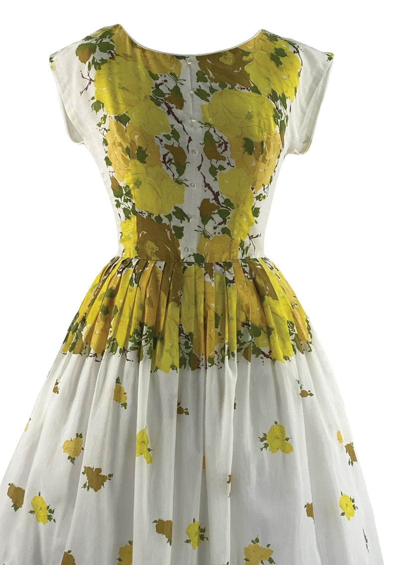 Late 1950s to Early 1960s Yellow Roses Cotton Dress - New!