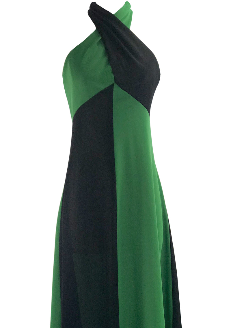 Vintage 1970s Green and Black Colour Block Maxi Dress- New!