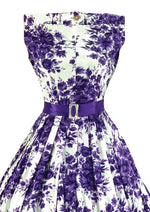 Late 1950s to Early 1960s Purple Bouquet Cotton Dress- NEW!