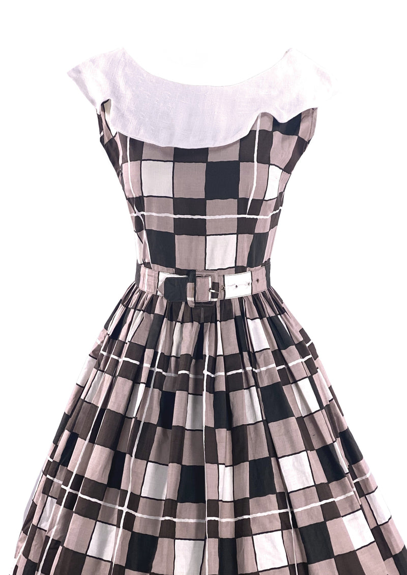 Early 1960s Chocolate & White Checkerboard Print Dress- New!