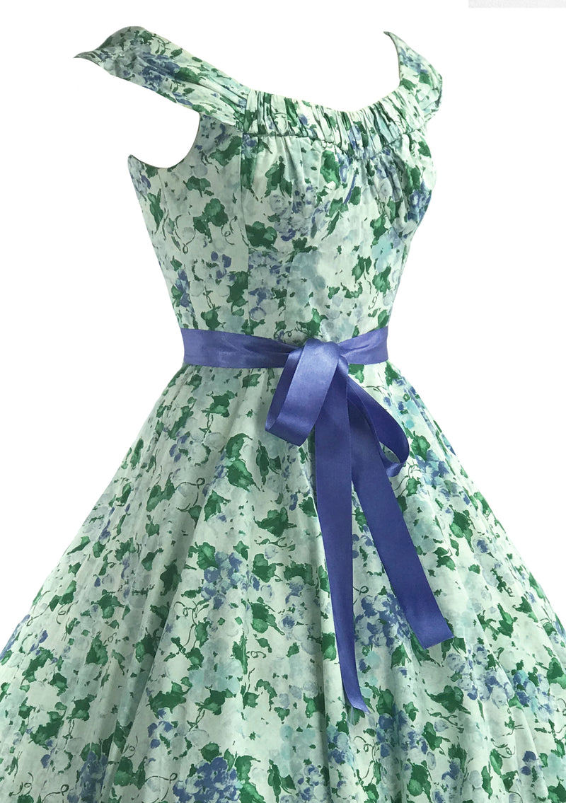 1950s Blue Violets & Green Leaves Cotton Dress- New! (ON HOLD)