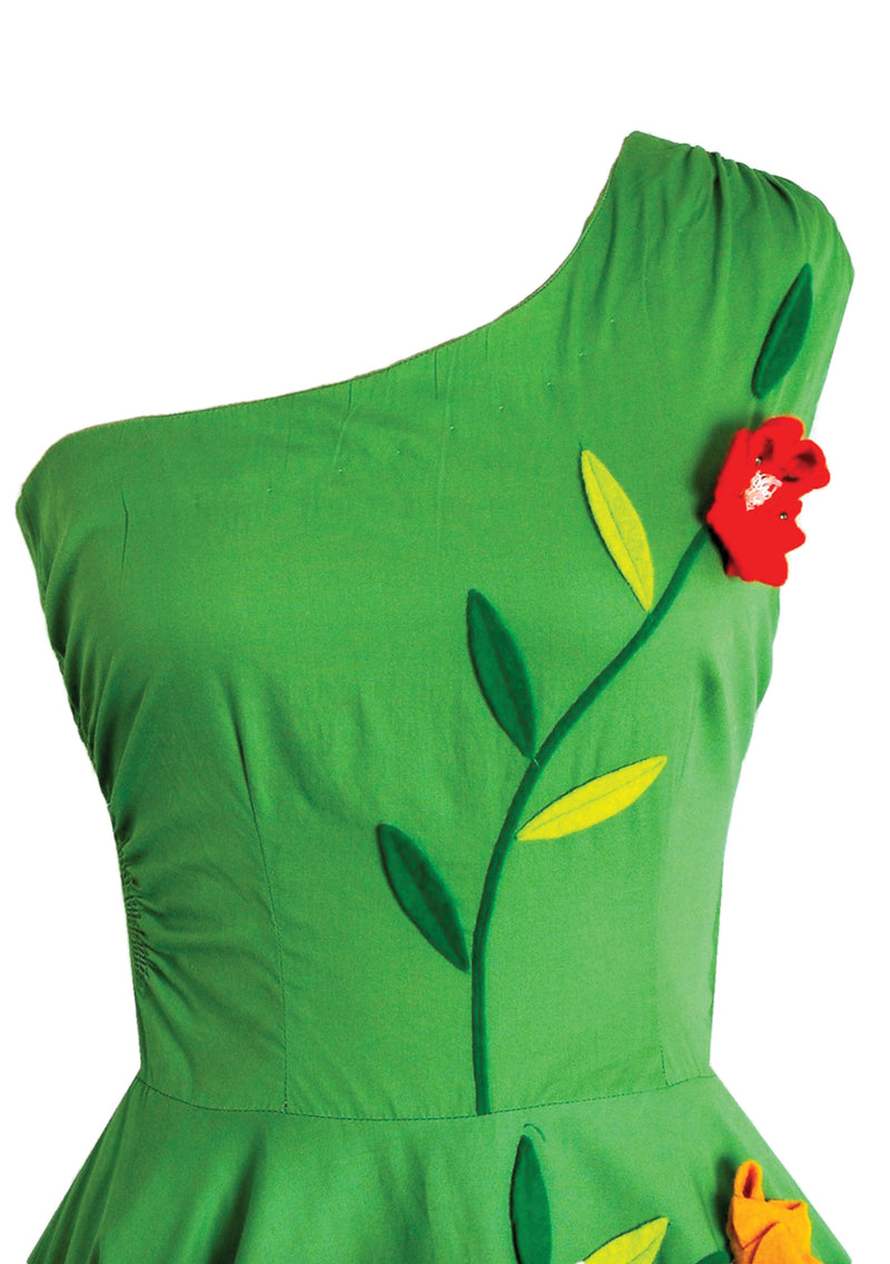 1950s Apple Green Cotton Floral Applique Dress- New!