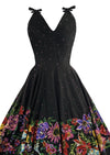 Spectacular 1950s Black Cotton Dress with Floral Appliqués - New!