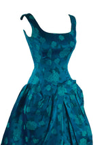 1950s Designer Frank Usher Teal Floral Brocade Cocktail Dress- New!
