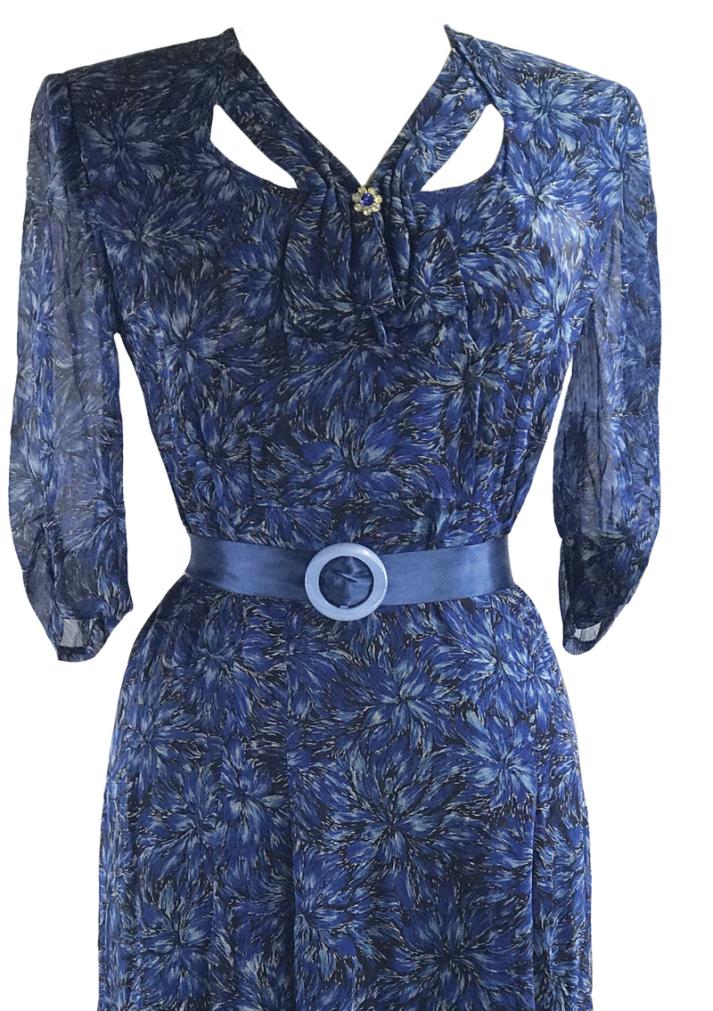 Vintage 1940s Blue Floral Chiffon Dress- New!