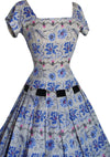1950's Blue Floral Tapestry Print Cotton Dress- New