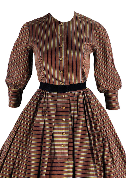 Stunning Late 1950s Bronze Ticking Stripe Faille Dress - New! (ON HOLD)