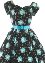 1950s Black Cotton Dress with Blue Atomic Print - New!