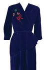 Early 1940s Blue Velvet Dress with Sequin Floral Spray - New!