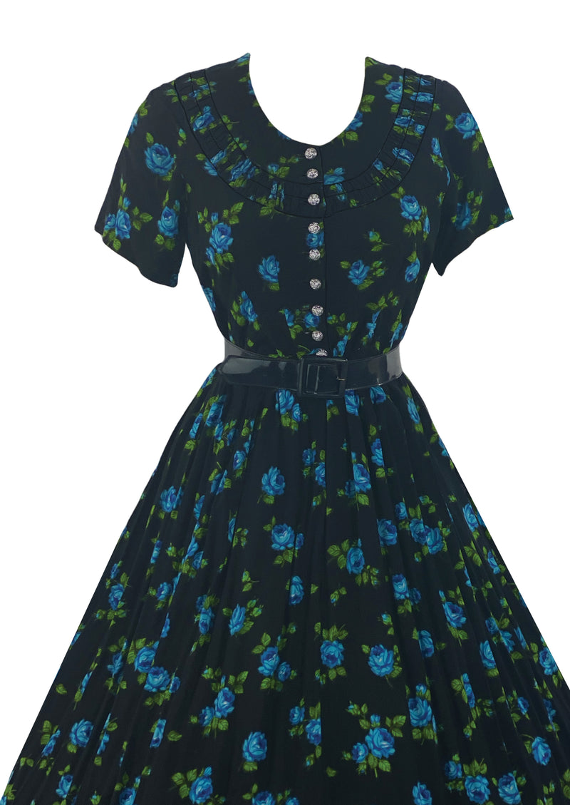 Late 1950s Early 1960s Black Cotton with Blue Roses Dress - NEW!