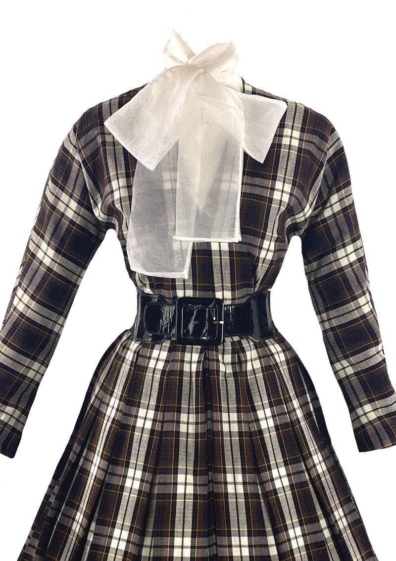 Late 1950s to Early 1960s Brown Plaid Cotton Dress- New!