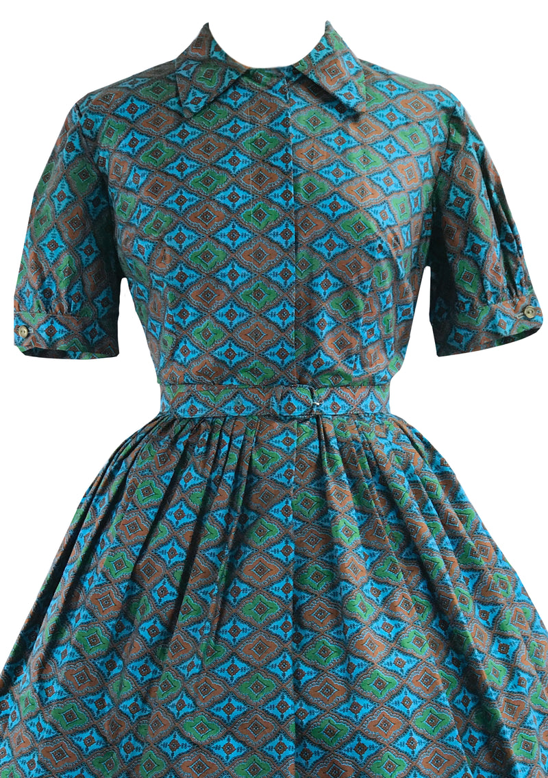 Late 1950s Early 1960s Blue Foulard Print Dress- New!
