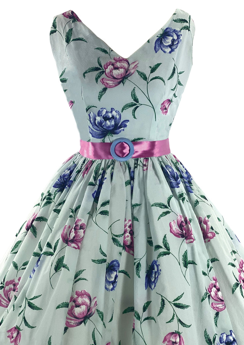 Lovely Late 1950s Blue Floral Seersucker Dress- New!