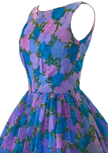1950's Blue & Purple Floral Chiffon Party Dress- New!
