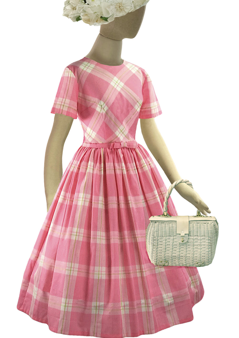 Vintage 1950s Pink Plaid Cotton Blend Dress- New!