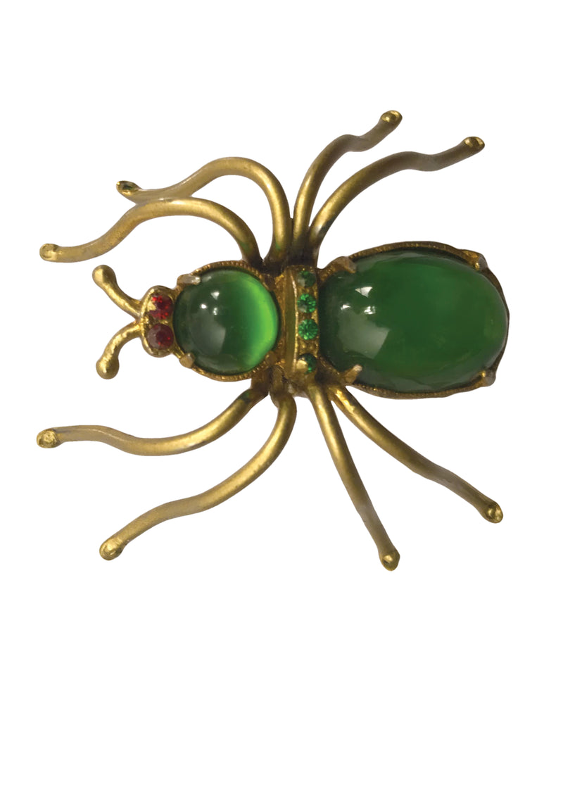 Vintage 1940s Green Art Glass & Brass Spider Brooch- New!