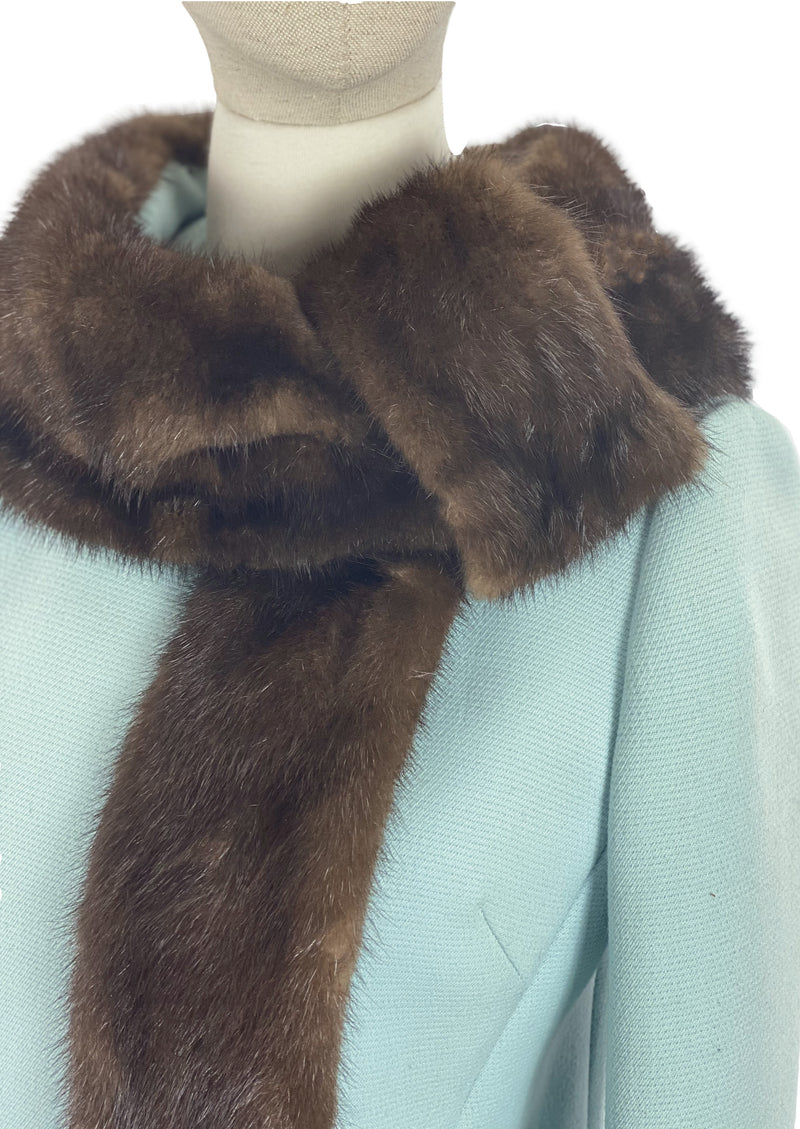 Vintage 1960s Duck Egg Blue Wool Coat with Mink Trim - New!