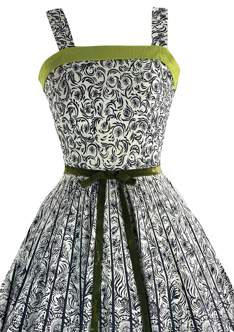 Vintage 1950s B&W Cotton Sundress Ensemble with Chartreuse- New!