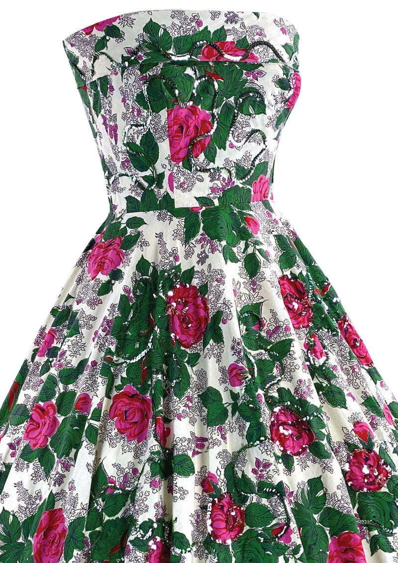 Knockout 1950s Magenta Roses Cotton Dress - New!
