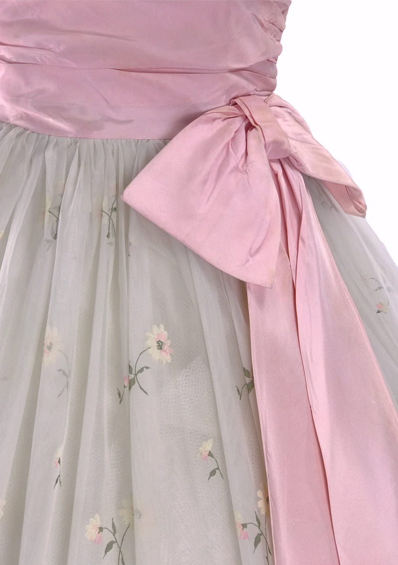 1950s Ivory and Pink Garland Flocked Party Dress - New!