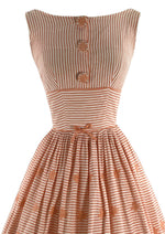 Vintage 1950s Embroidered Coral & White Stripes Dress- New!