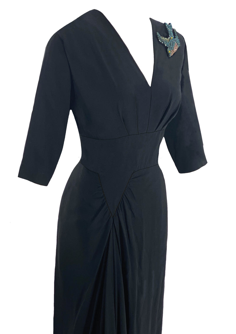 Classic 1940s Draped Black Rayon Dress- New!