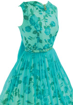 1950s Aqua Chiffon  Blue Roses Taffeta Party Dress - New! (ON HOLD)