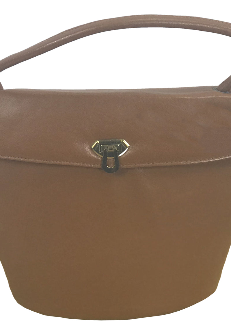 Classic 1950s Brown Faux Leather Bucket Handbag- New!