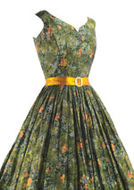 Beautiful 1950s Olive Green Floral Cotton Dress- New!