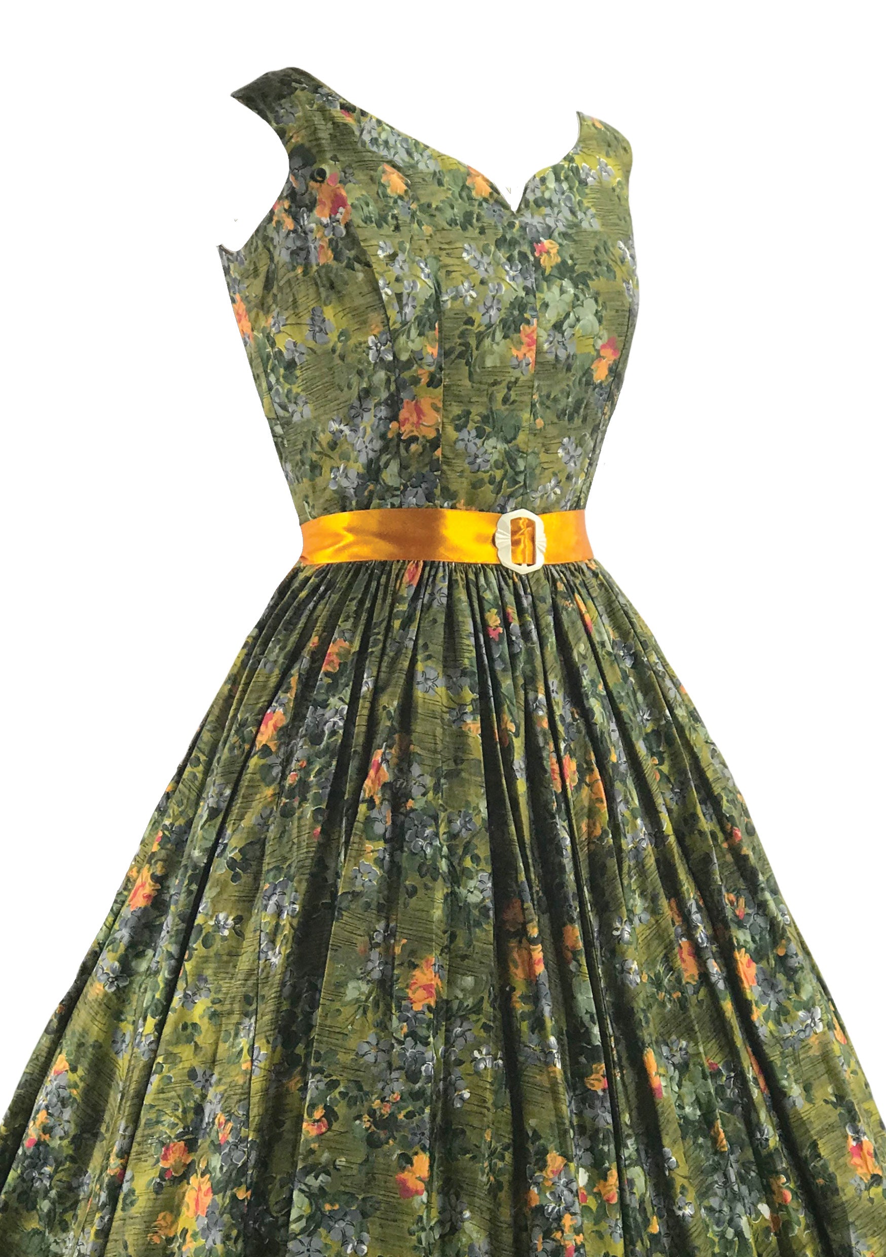 Beautiful 1950s Olive Green Floral Cotton Dress- New! Coutura Vintage Beautiful 1950s Olive Green Floral Cotton Dress- New! Coutura Vintage