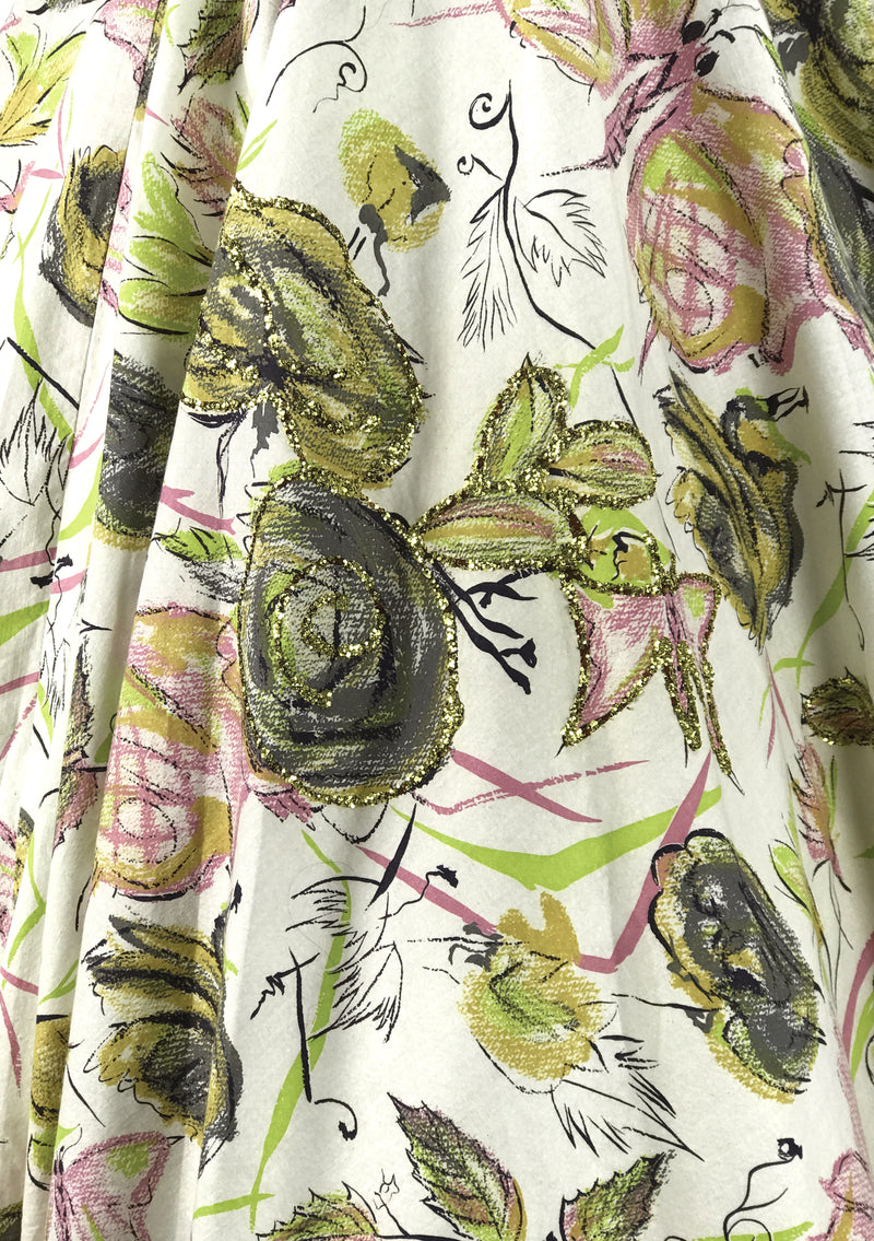 1950s Green Roses, Pink Butterflies & Glitter Skirt - New!