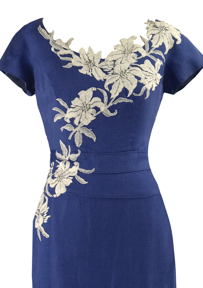 Vintage 1950s Designer Cobalt Blue Linen Dress- New!