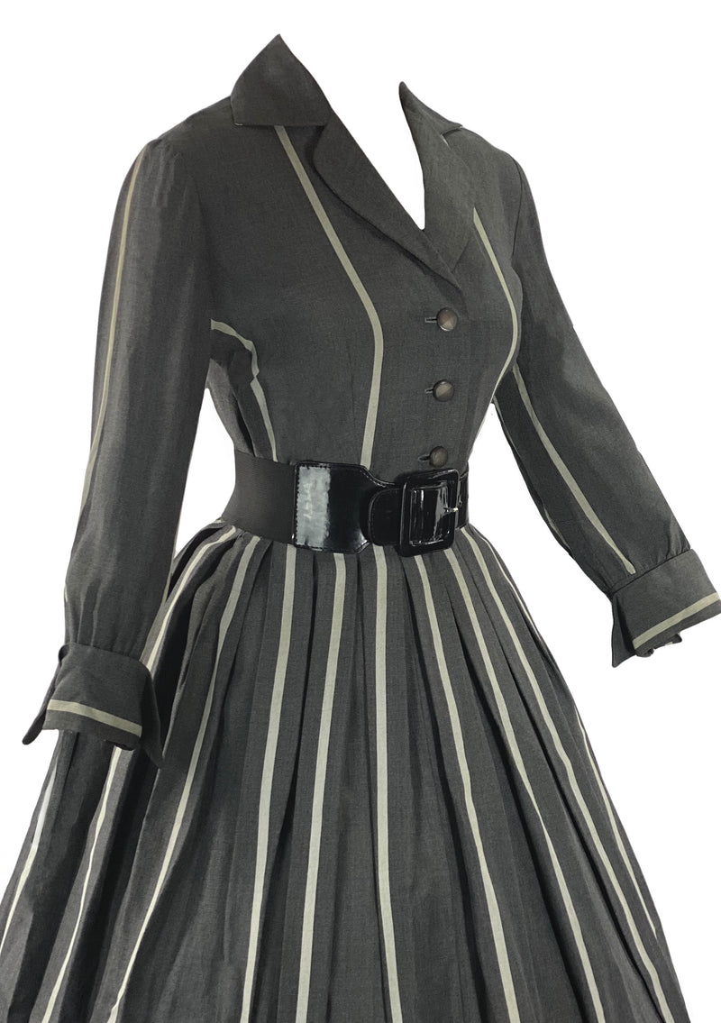 Late 1950s Early 1960s Charcoal Cotton Dress With White Stripes- New!