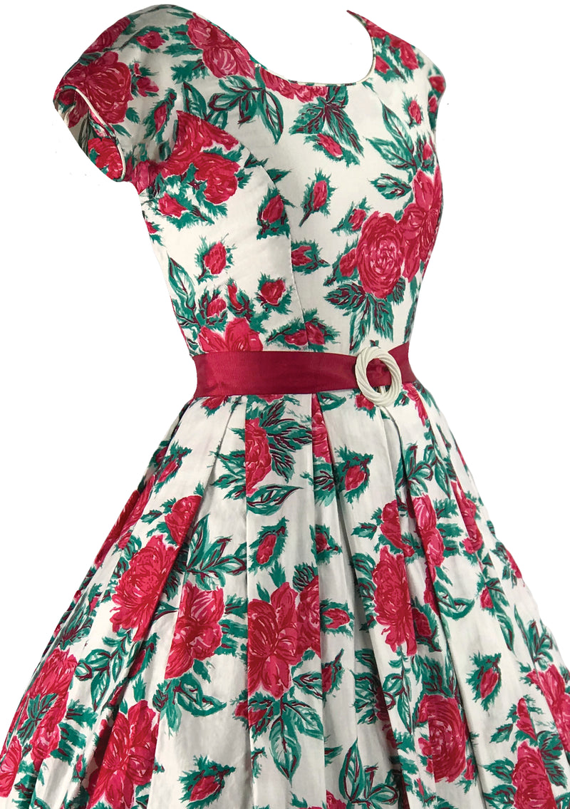 Vibrant 1950s Red Rose Print Cotton Dress- New!