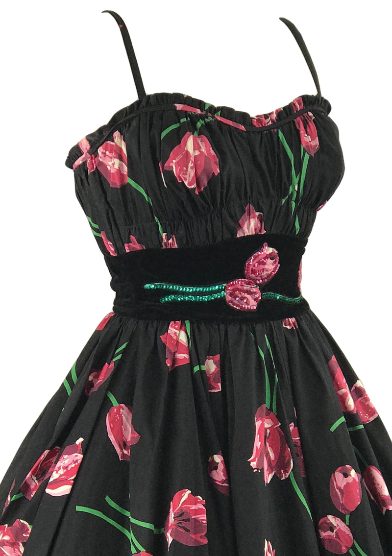 1950s Tulip Print Cotton Applique Sequins Cocktail Dress- New!