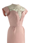 1950s Designer Pink Linen Applique Wiggle Cocktail Dress- New!