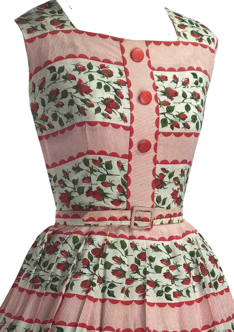 Late 1950s Early 1960s Rosebuds and Stripes Dress - New!