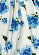 1950's Blue & White Large Roses Print Pique Cotton Dress - New!