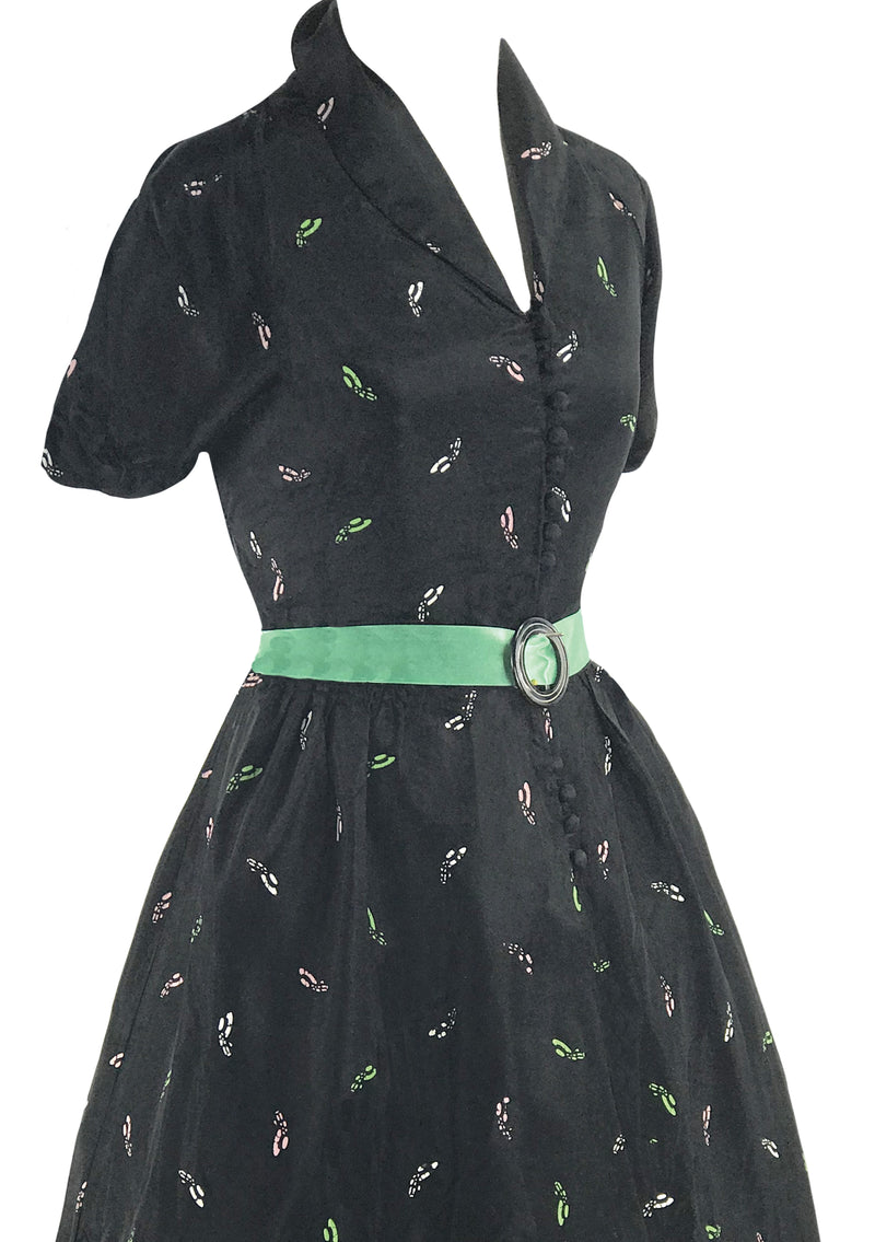 Late 1940s  Novelty Chapeau Black Taffeta Dress - New!