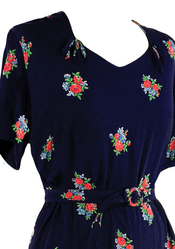 Vintage 1940s Navy Floral Rayon Blend Dress- New!