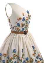 1950s Blue & Bronze Floral Border Cotton Dress  - New! (LAYAWAY)